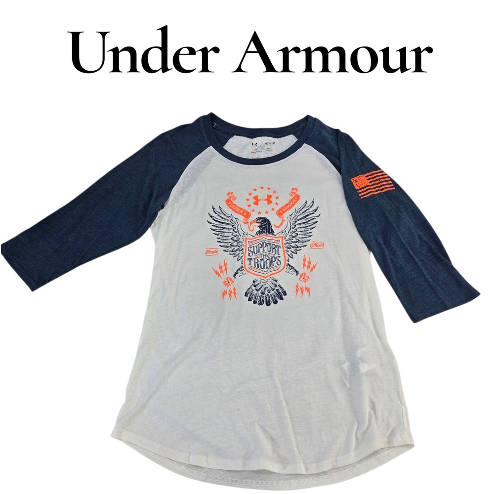 Under Armour Support The Troops Shirt Womens Medium Cream Navy Eagle Raglan Tee